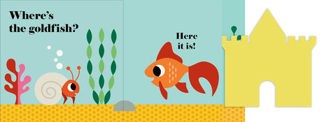Where's the Cat? Flap Book showing a colorful illustration of a goldfish with a felt flap in a children's board book.