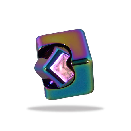 Spin Cube metal fidget spinner in iridescent colors with smooth edges for stress relief and focus enhancement.