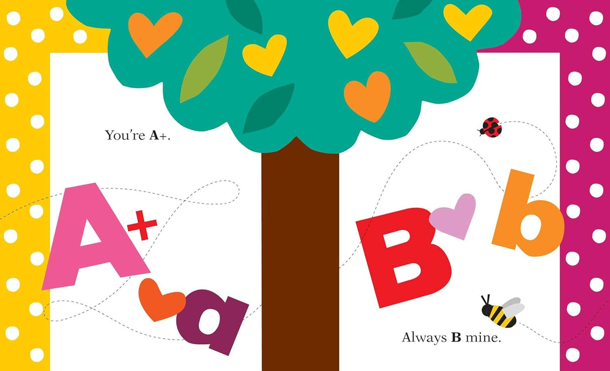 Chicka Chicka I Love Mom book page with colorful letters A and B, hearts, ladybug, and bee around a tree illustration.