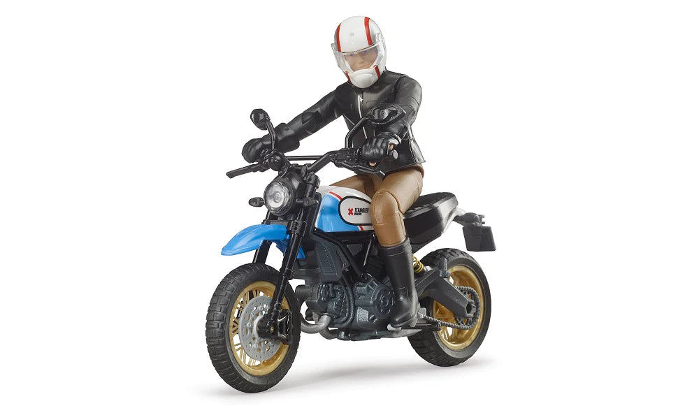 Scrambler Ducati Desert Sled & Driver toy model with steerable front and rider in black jacket and helmet.