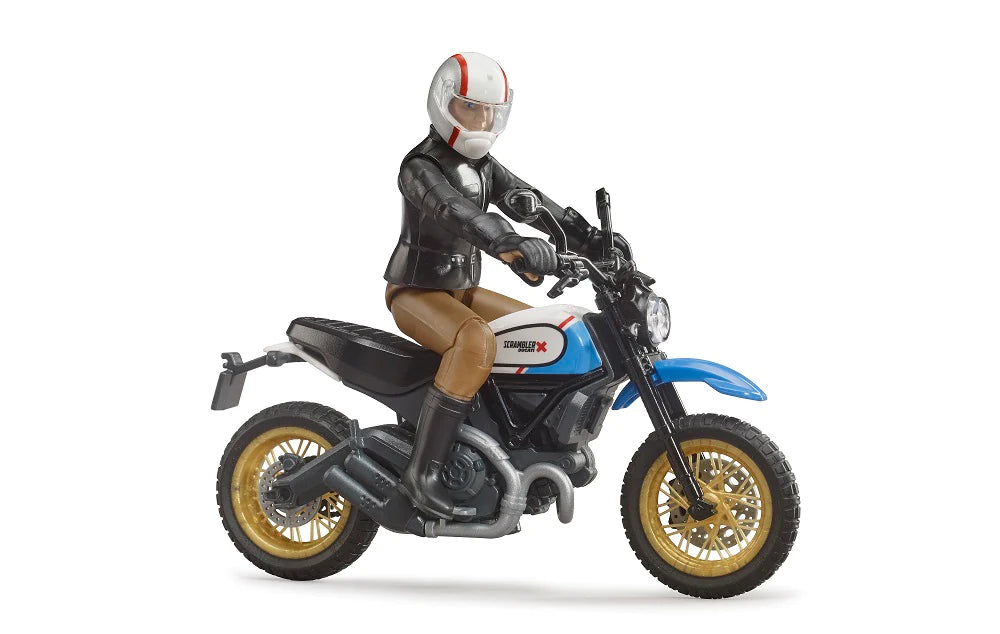 Scrambler Ducati Desert Sled & Driver toy with detailed rider, off-road tires, and blue motorcycle body in 1:16 scale.