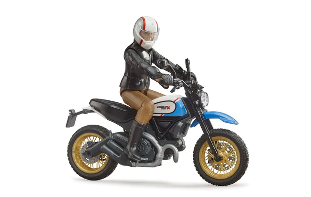 Scrambler Ducati Desert Sled & Driver toy with detailed rider, off-road tires, and blue motorcycle body in 1:16 scale.