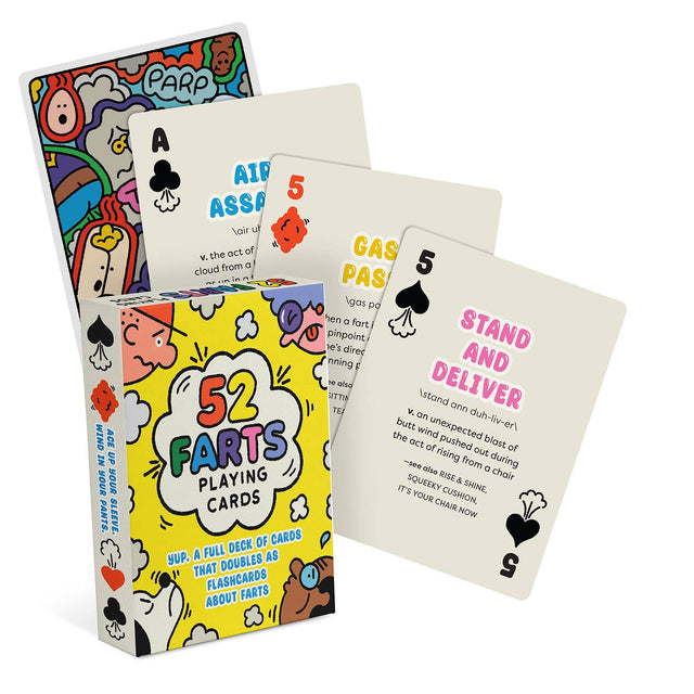 Colorful deck of 52 fart-themed playing cards with funny designs and educational flashcard definitions.