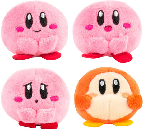 Kirby Plush Cutie showing three pink Kirby plush toys with different expressions and one Waddle Dee plush toy.