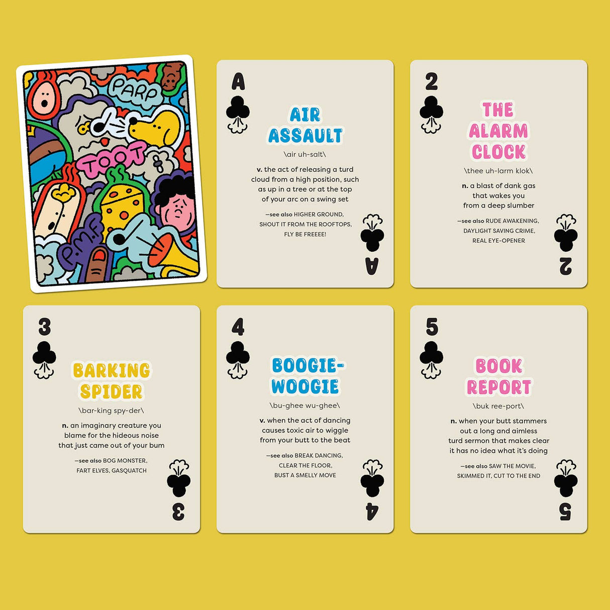 Colorful deck of Fart Card Playing Cards with humorous definitions and playful illustrations on a yellow background