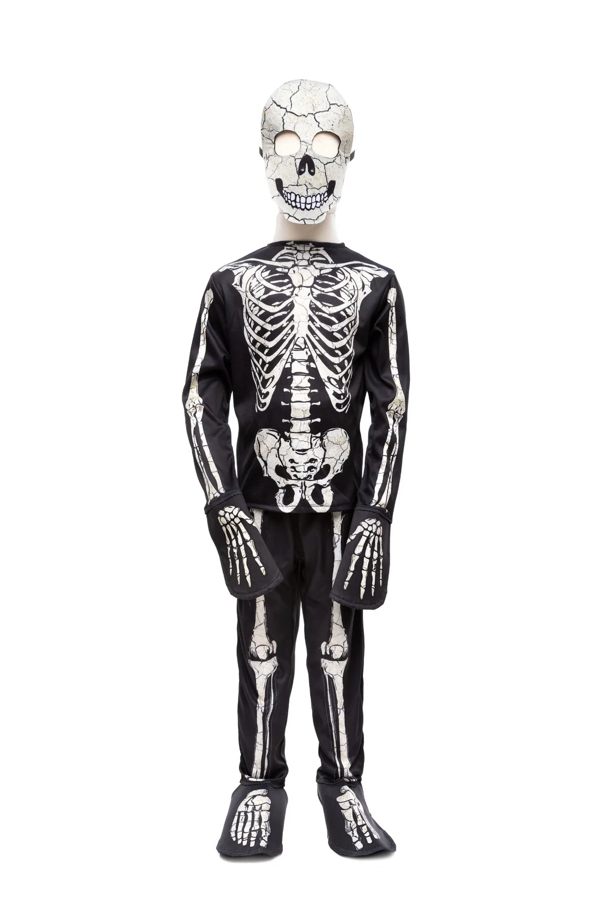 Skeleton Outfit | Size 5-6 featuring glow in the dark skeleton shirt, pants, gloves, shoes, and matching mask.