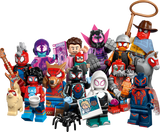 Collection of Spider-Man minifigures from Across the Spider-Verse with various costumes and accessories in vibrant colors