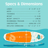 Weekender Nano Kids' Inflatable Paddle Board specs showing dimensions, weight, capacity, and construction details.