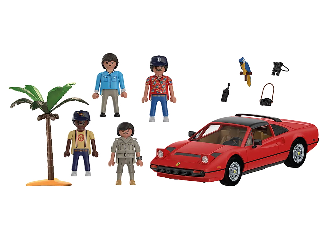 PLAYMOBIL Magnum P.I. Ferrari 308 GTS Quattrovalvole with figures Thomas Magnum, T.C., Rick, Higgins, and palm tree.