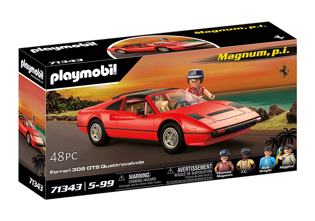 PLAYMOBIL Magnum P.I. Ferrari 308 GTS Quattrovalvole set with red car and main characters for ages 5 and up.