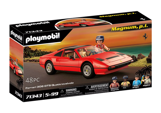 PLAYMOBIL Magnum P.I. Ferrari 308 GTS Quattrovalvole set with red car and main characters for ages 5 and up.