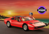 Magnum P.I. Ferrari 308 GTS Quattrovalvole with removable roof and detailed characters at sunset background.