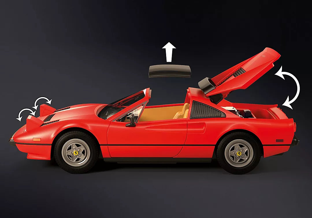 Magnum P.I. Ferrari 308 GTS Quattrovalvole with removable roof, folding headlights, and rear-opening engine hood in red.