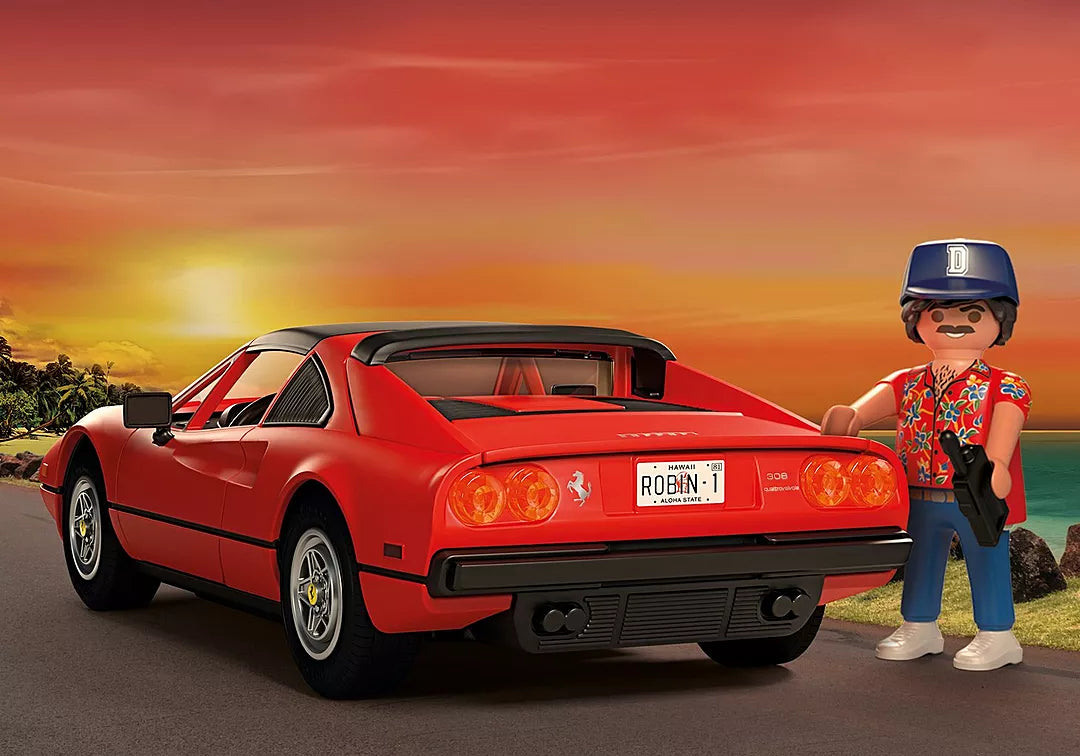 Magnum P.I. Ferrari 308 GTS Quattrovalvole with red Ferrari and Playmobil figure at sunset by the beach road.