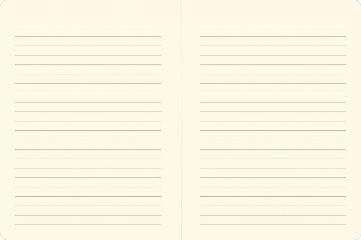Open journal showing lined cream-colored pages with a smooth texture for writing or sketching