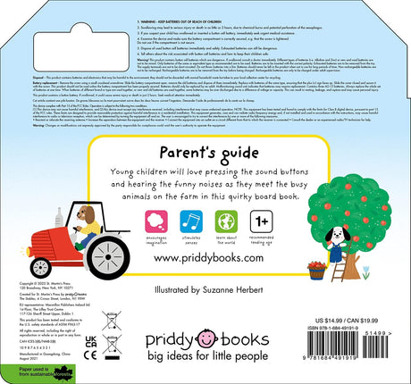 What Can You Hear Farm sound book back cover with a tractor, dog, apple tree, and parent guide for young children.
