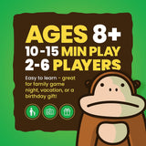 800 Pound Gorilla game details showing ages 8+, 10-15 min playtime, 2-6 players, and family-friendly fun.