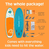 Weekender Nano Kids' Inflatable Paddle Board Surfer Blue with paddle, pump, fins, leash, and repair kit accessory set.