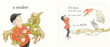 Illustration from Oh Dear, Look What I Got! showing a boy startled by a snake and other animals around him.