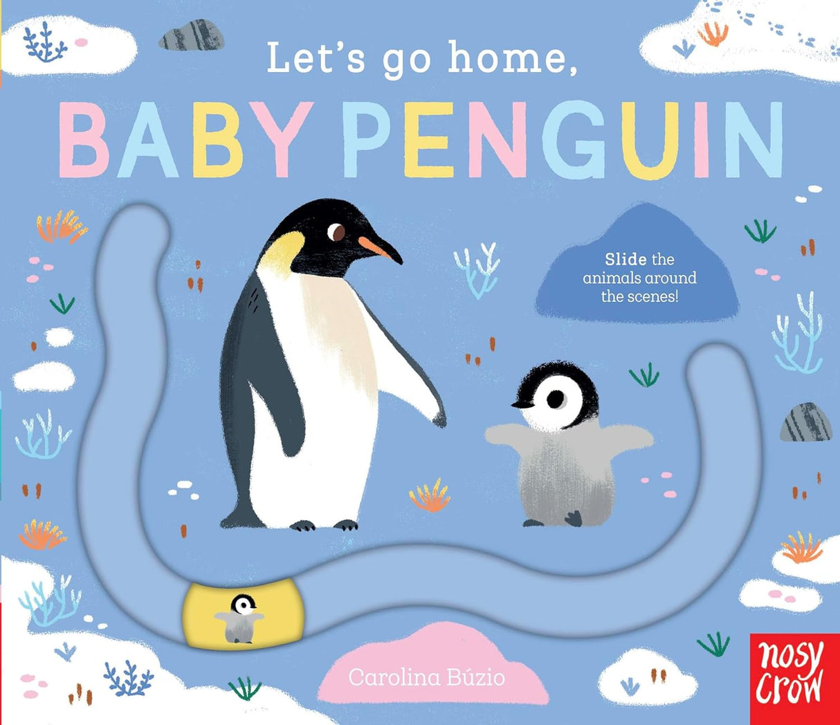 Illustration of an adult penguin and baby penguin with a sliding track on a playful blue background with colorful text and clouds