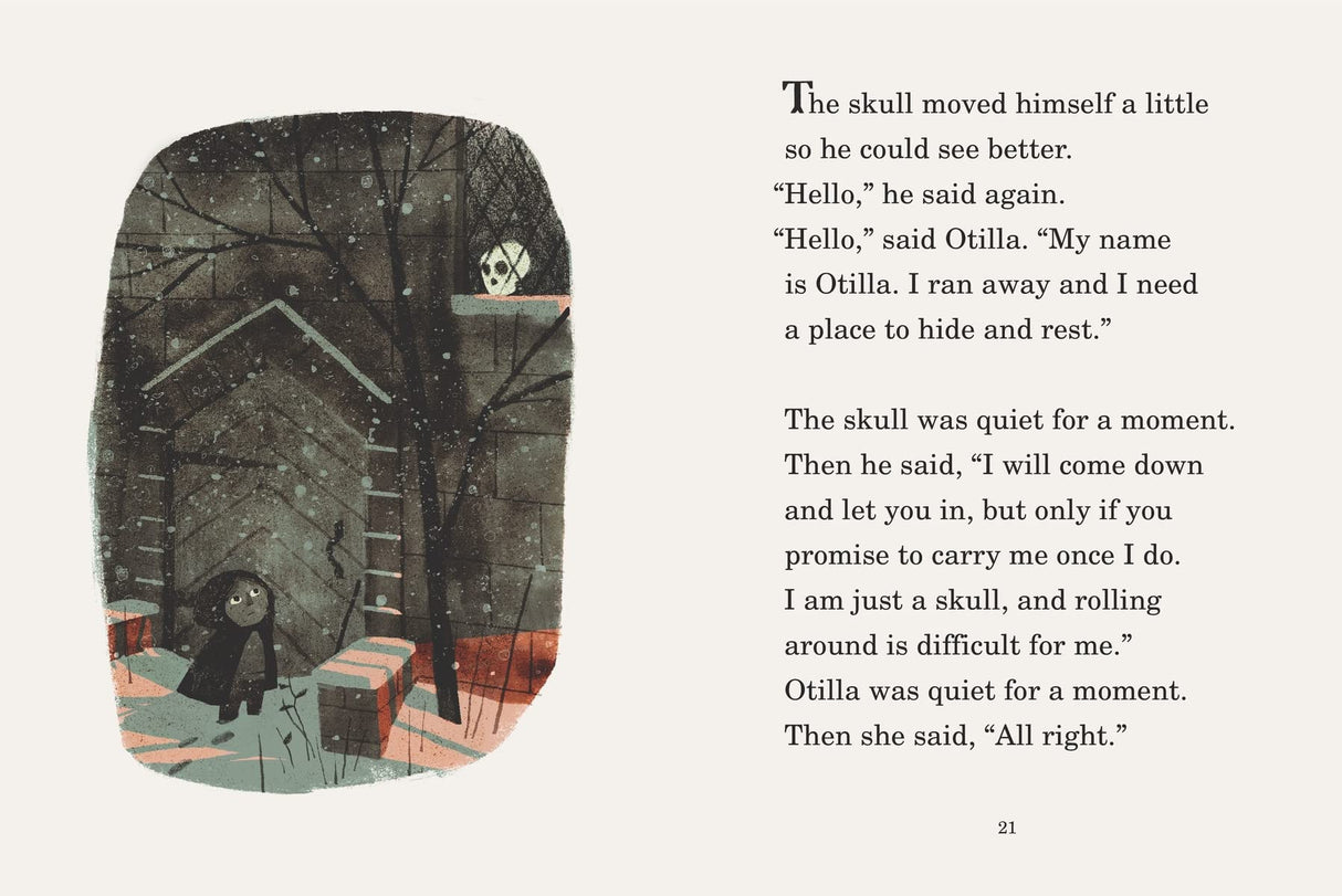 The Skull A Tyrolean Folktale illustration showing Otilla meeting a skull in a dark, eerie abandoned house.