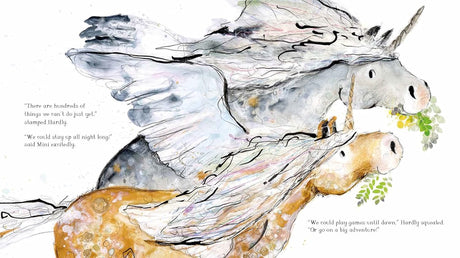 Illustration from Mini and Hardly and the Big Adventure showing two small unicorns flying with flowing manes and wings.