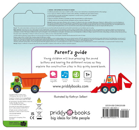 Back cover of What Can You Hear Construction sound book showing safety and product info for young children.