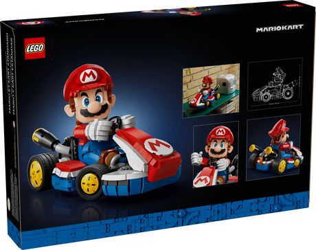 Mario Kart Mario & Standard Kart LEGO set featuring posable Mario figure and detailed racing kart with display stand.