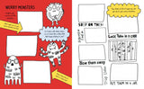 Two-page children's activity spread with worry monster drawings and prompts to manage and imagine worries creatively
