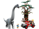 Brachiosaurus LEGO, three minifigures in a LEGO Jurassic Park branded car, and a LEGO tree.