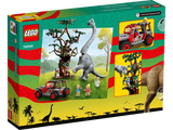 Back of the box of a Jurassic Park LEGO set, Brachiosaurus Discovery. 512 pieces, includes three figures. For ages 9 and up.