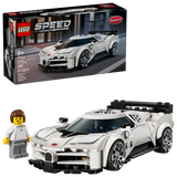 LEGO Speed Bugatti Centodieci model with detailed hyper sports car design and minifigure for kids aged 9 and up.