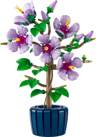LEGO-style hibiscus plant with purple blooms and buds in a dark blue pot, ideal for display and decoration.