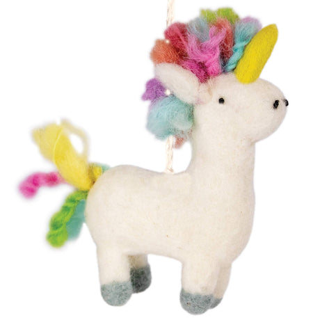 Rainbow Unicorn Felt Ornament with a colorful mane and horn, handcrafted from natural wool for festive decor.