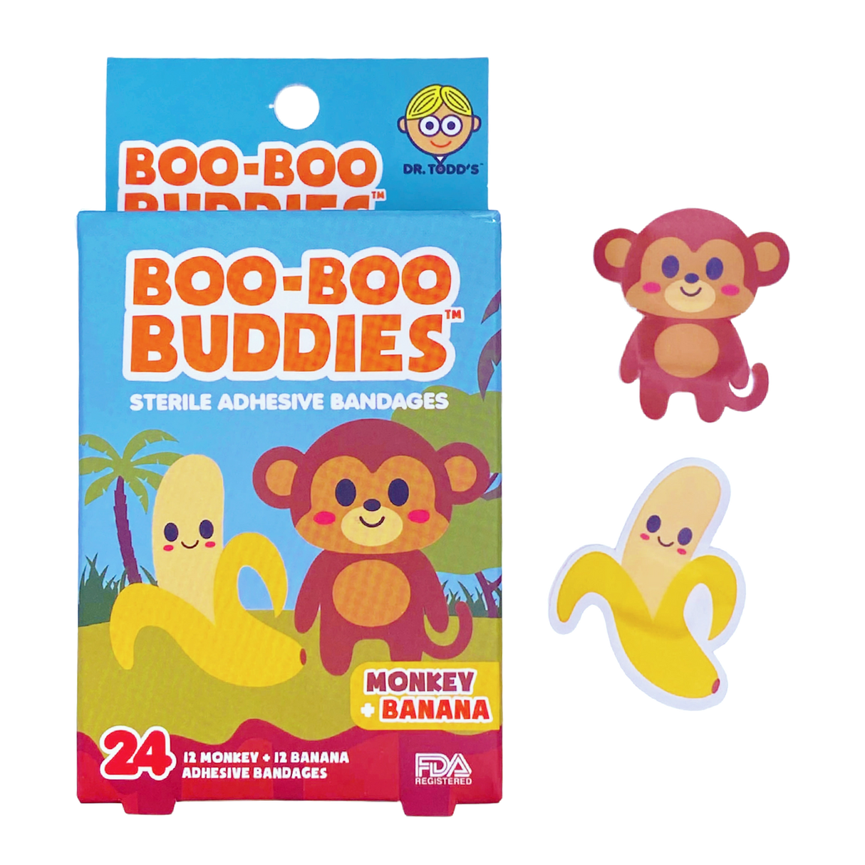 Monkey & Banana Bandages featuring cute monkey and banana hydrocolloid sterile adhesive bandages, FDA approved, 24 count pack.