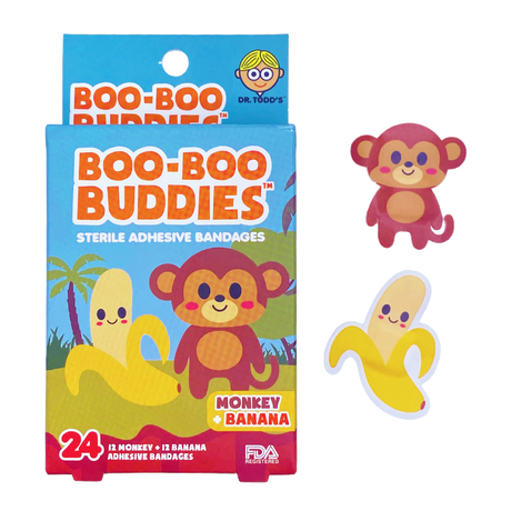 Monkey & Banana Bandages featuring cute monkey and banana hydrocolloid sterile adhesive bandages, FDA approved, 24 count pack.