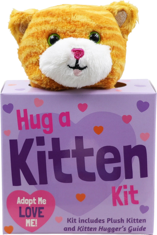 Orange striped plush kitten peeking out of a purple Hug a Kitten Kit box decorated with hearts and playful text.