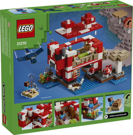 LEGO Minecraft The Mooshroom House set featuring Steve, mooshrooms, cat, phantom, farm, and accessories with removable roof.