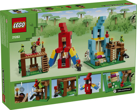 Minecraft The Parrot Houses building set with red and blue parrot houses, minifigures, and dancing parrots.