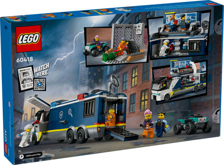 LEGO City Police Mobile Crime Lab Truck playset with truck, minifigures, crime scene, quad bike, and lab workstation details.