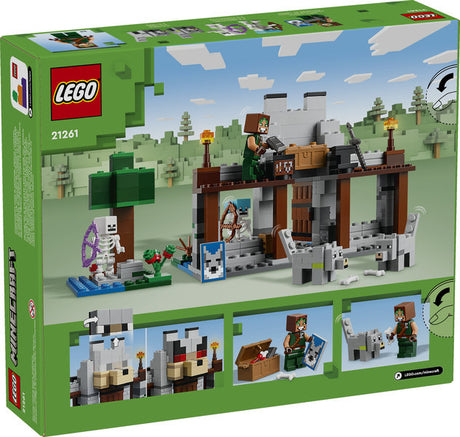 LEGO Minecraft The Wolf Stronghold set with characters, fortress, skeletons, wolf figure, and forest elements for kids ages 8 and up.