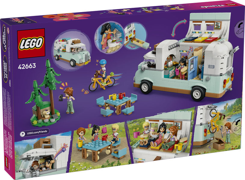 Friends Friendship Camper Van Adventure with minidolls, camper van with kitchen, toilet, bike, picnic table, and camping accessories.