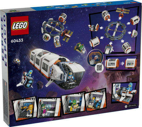 LEGO City Modular Space Station set showing assembled space station with detachable modules and astronaut minifigures.