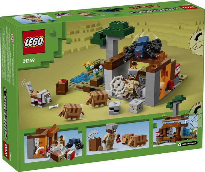 Minecraft The Armadillo Mine Expedition LEGO set featuring mine, armadillos, cave spider, wolf, river, and lava fall in savanna biome.
