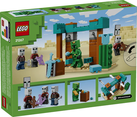 LEGO Minecraft The Illager Desert Patrol set with cactus knight, illager figures, weapons, and desert outpost play features.