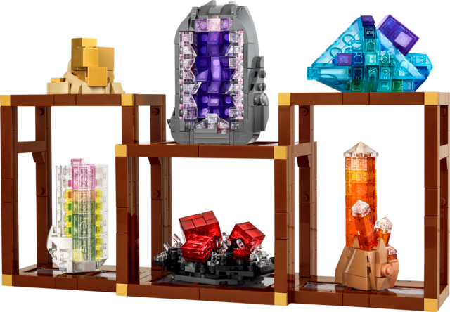 Buildable shelving units displaying colorful crystal formations of pyrite, amethyst, fluorite, tourmaline, rhodochrosite, and quartz made with bricks.