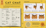 Open book page with a cat body language guide and matching game for kids learning about cat feelings and behavior.