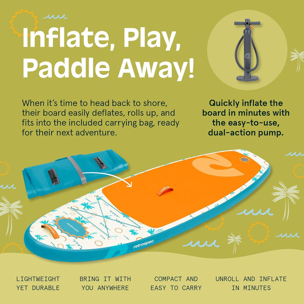 Weekender Nano Kids' Inflatable Paddle Board in Surfer Blue with pump and carrying bag ready for easy inflation and transport.