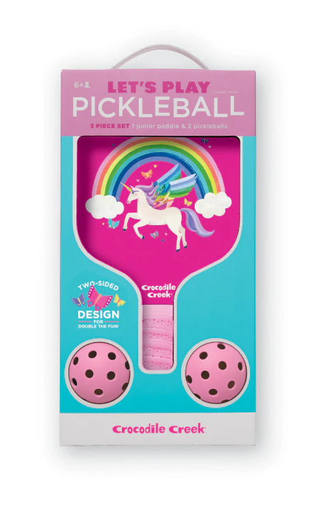 Pickleball | Unicorn junior fiberglass paddle with colorful rainbow and unicorn design, includes 2 pink outdoor pickleballs.