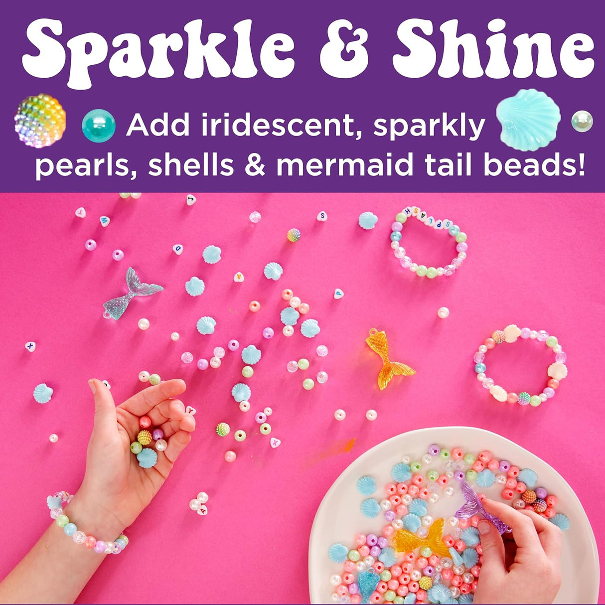 Bead Jewelry Jar | Mermaid with iridescent beads, shells, mermaid tail charms, and bracelets on a pink background.
